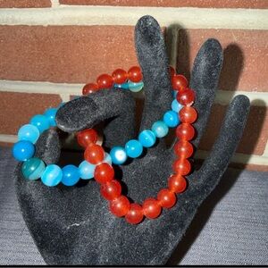 Red Agate Carnelian & Blue Turquoise Sodalite Gemstone Beaded Bracelet Set 3”
